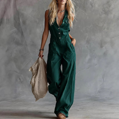 Women’s Solid Color Sleeveless V-Neck Button Jumpsuit