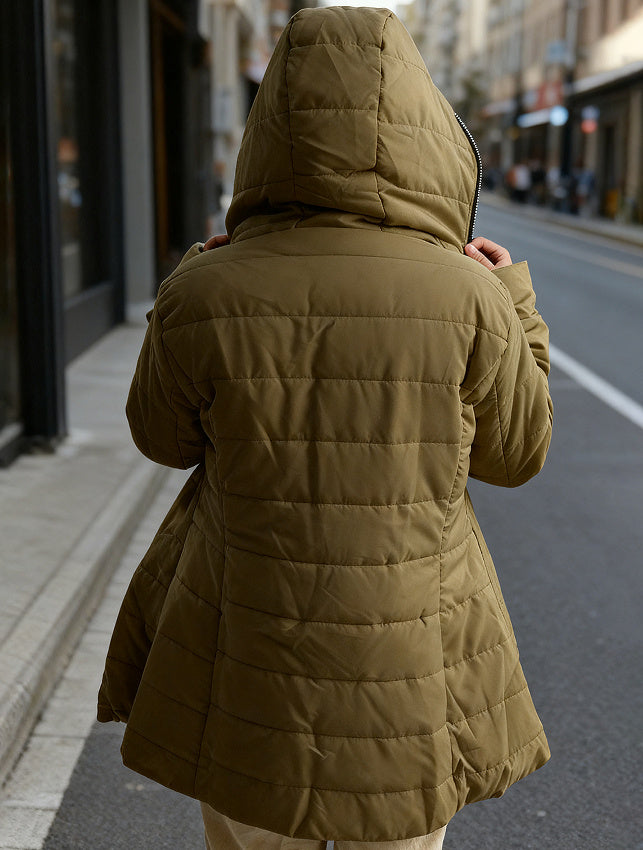 Ladies' Hooded Long-Sleeved Warm Cotton-Padded Jacket with Fleece