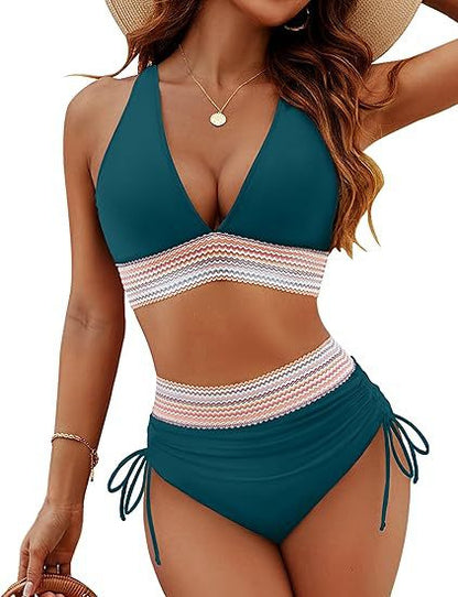 High Waisted Bikini Set With Color Blocking Drawstring Swimsuit