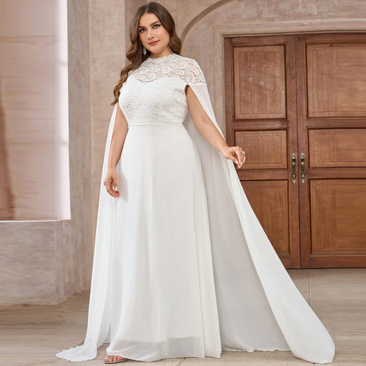 Women’s Plus Size Chiffon Round Neck Lace Cloak Evening Dress – Long White Gown