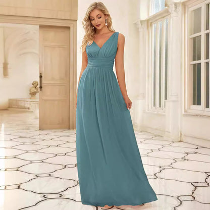 Deep V-Neck Bridesmaid Plus Size High Waist Evening Dress