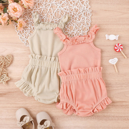 Children's Ins Suit Waffle Sling Romper Shorts Suit