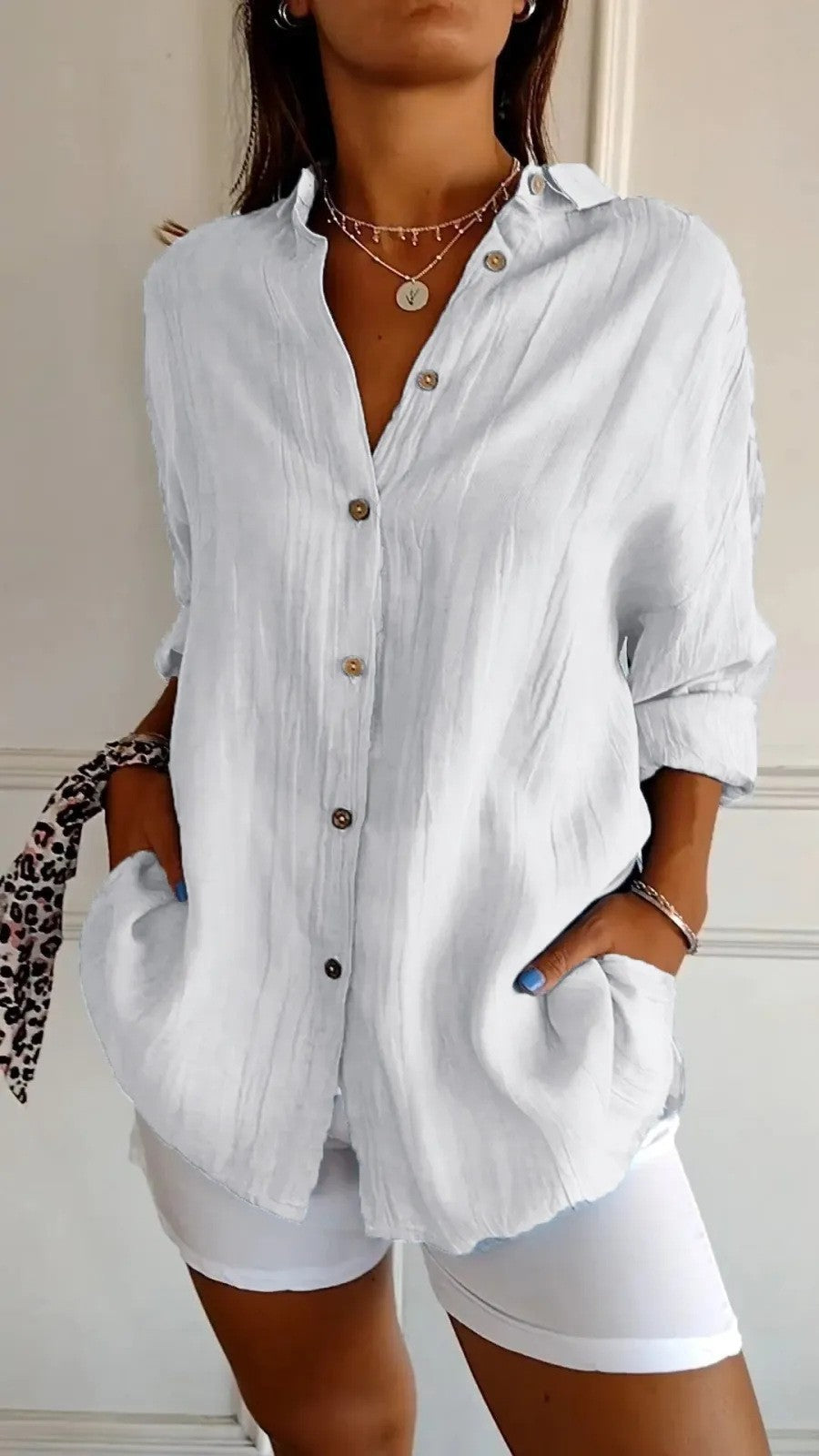 Popular Spring And Summer New Women's Loose Open Button Shirt Solid Color Top