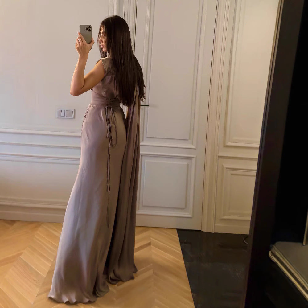 Pleated Ribbon Satin Evening Dress – Greyish Purple