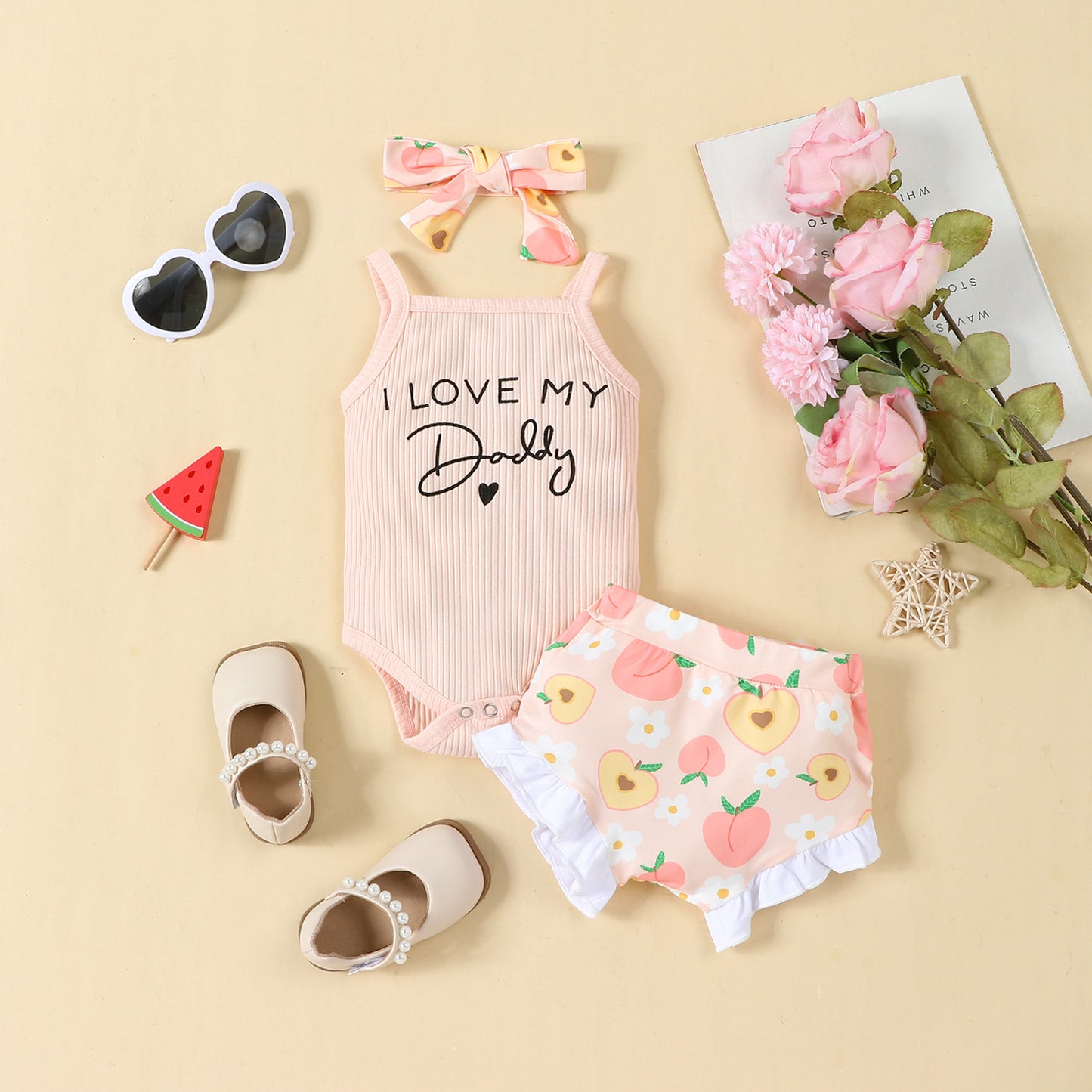 Letter Romper Full Printed Shorts Headscarf Three-piece Set