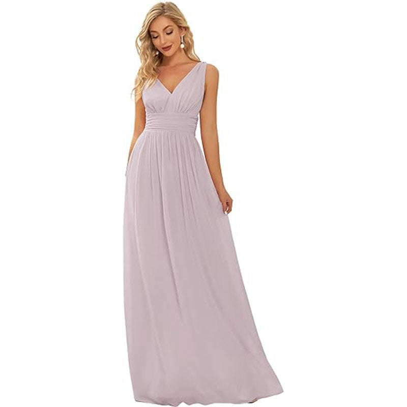 Women’s Deep V-neck Sleeveless Chiffon Maxi Evening Dress – Elegant Formal Long Gown
