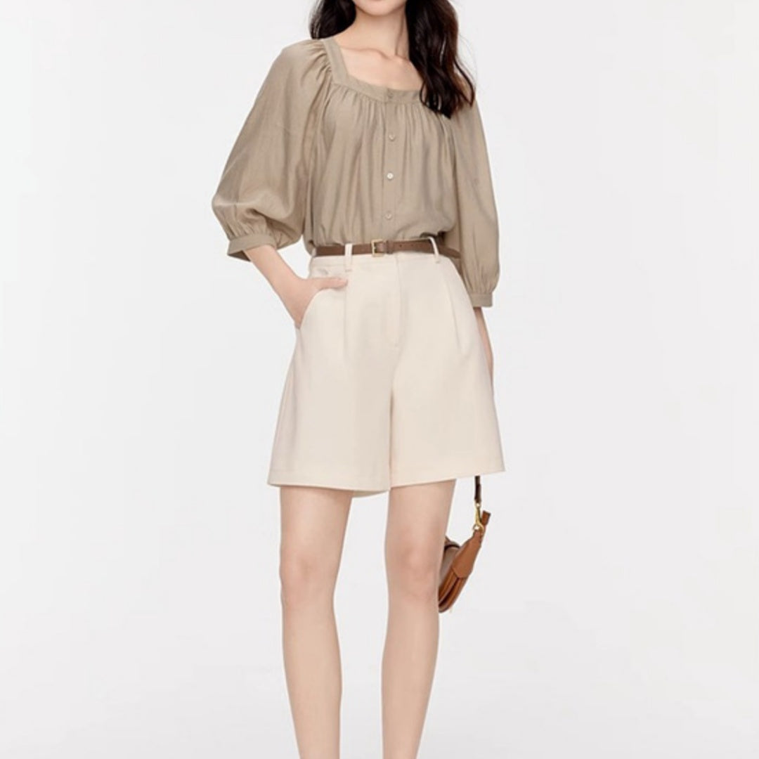 Loose All-match Square Collar Retro Pleating Shirt For Women