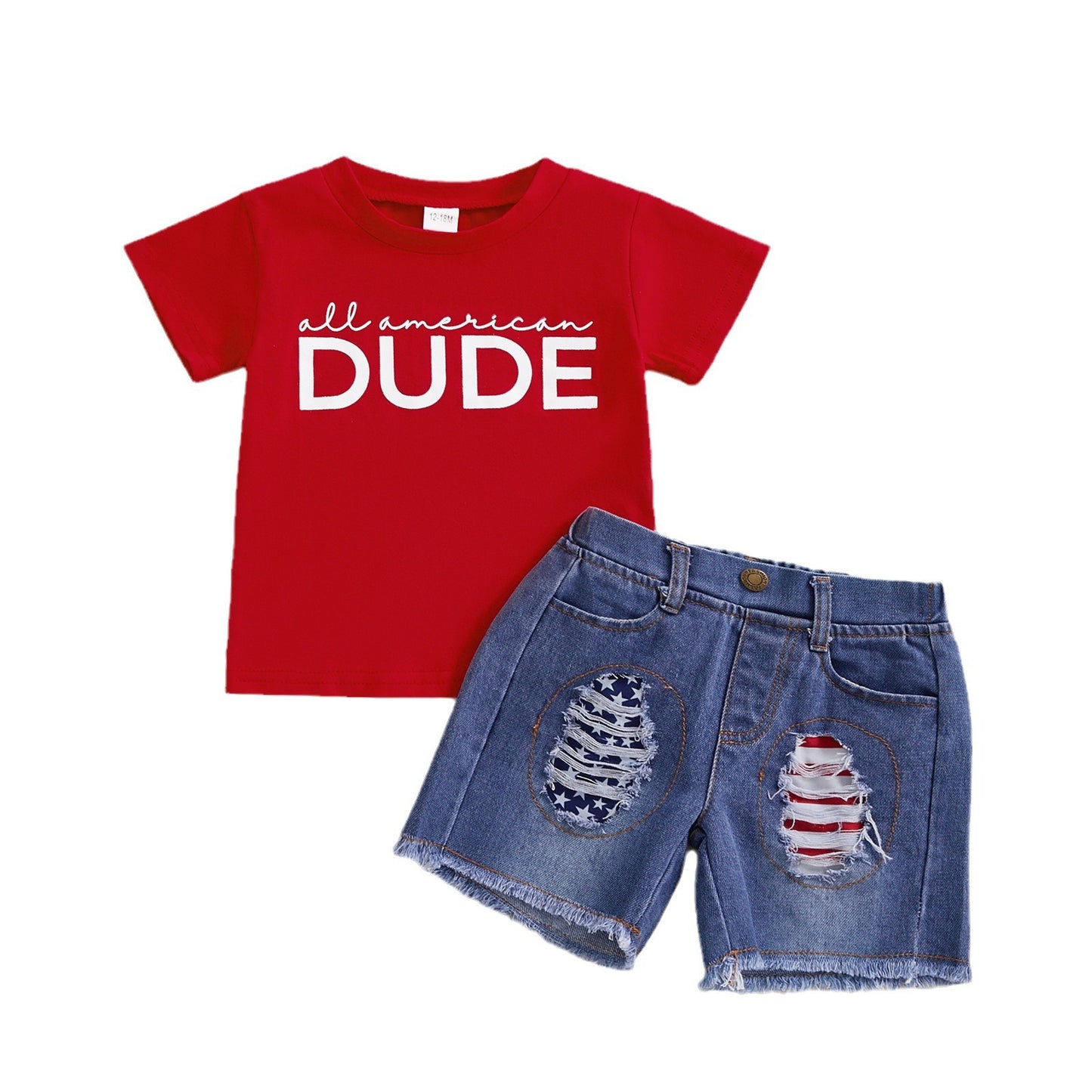 Boys' Letter Print Short-sleeve T-shirt Denim Shorts Two-piece Set