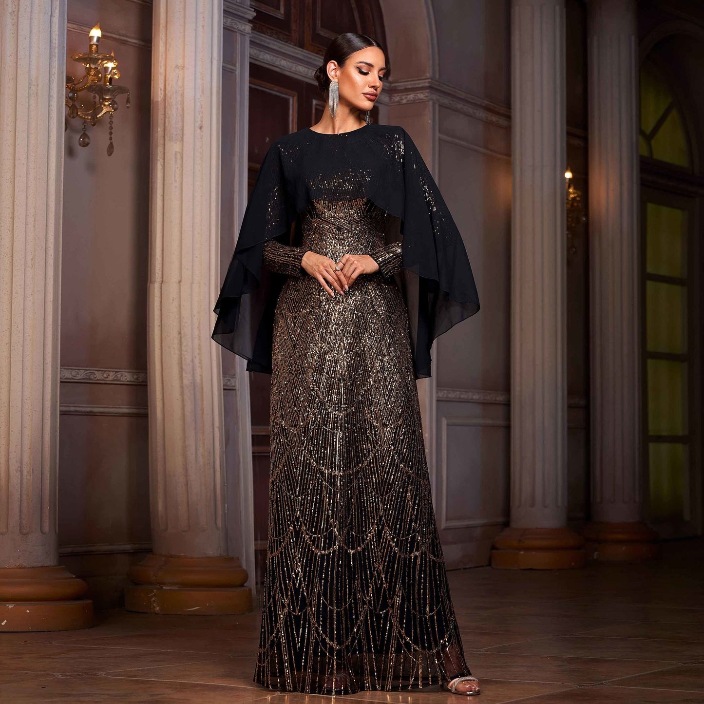 Elegant Long Sleeve Round Neck Sequined A-Line Evening Dress with Shawl – Black &amp; Gold