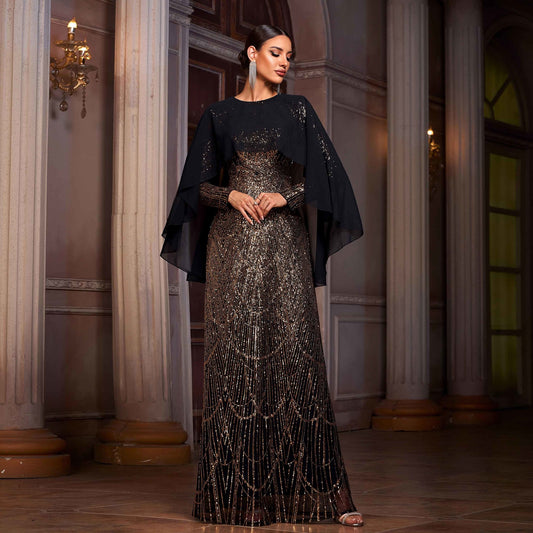 Elegant Long Sleeve Round Neck Sequined A-Line Evening Dress with Shawl – Black &amp; Gold