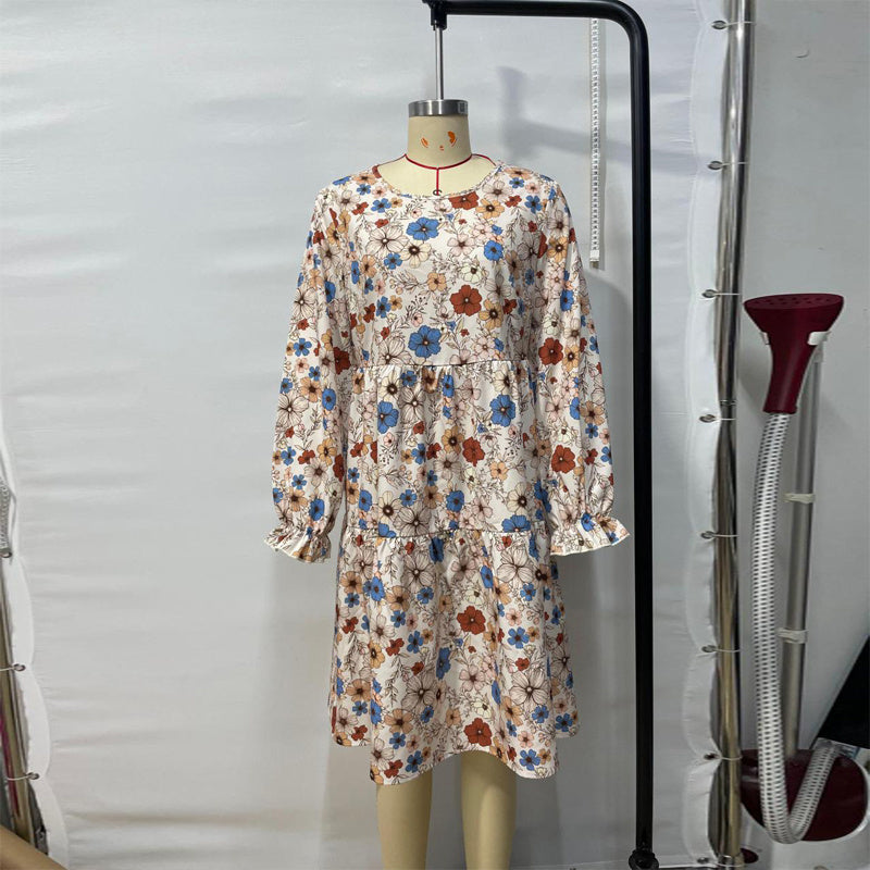Women's Floral Print Boho Dress – Round Neck, Smocked Cuff, Midi Length
