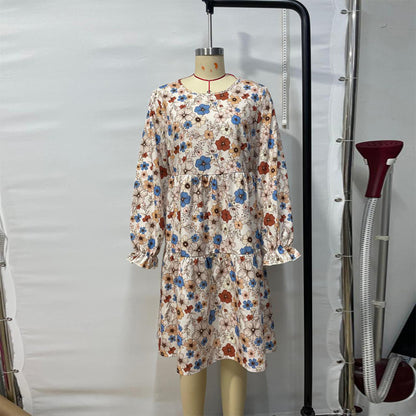 Women's Floral Print Boho Dress – Round Neck, Smocked Cuff, Midi Length
