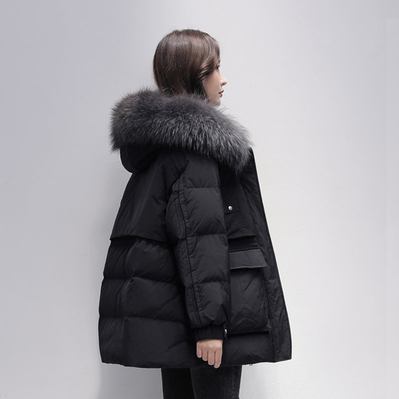 Down Jacket Women's Mid-length Raccoon Fur Collar Pie Overcomes White Duck Down