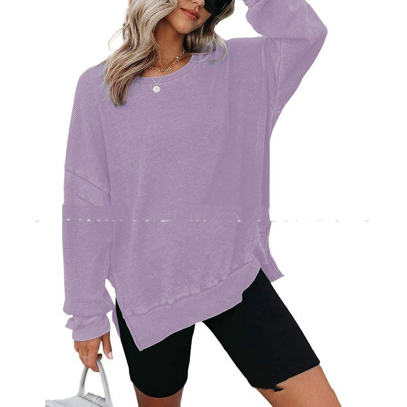 Round Neck Long Sleeve Side Slit Waffle Sweater