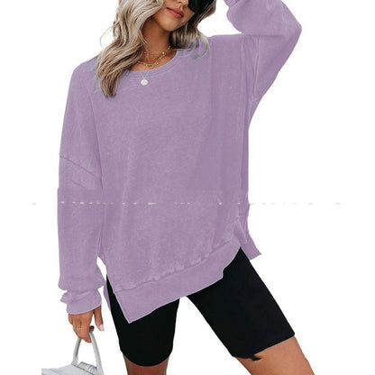 Round Neck Long Sleeve Side Slit Waffle Sweater
