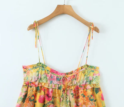 Women's Y2K Floral Print Suspender Dress - Summer Fashion Ruffled Beach Holiday Short Dress