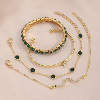 4pcs Bracelet Suit Fashion Green Grandmother Diamond Stretch Bracelet Women's Set