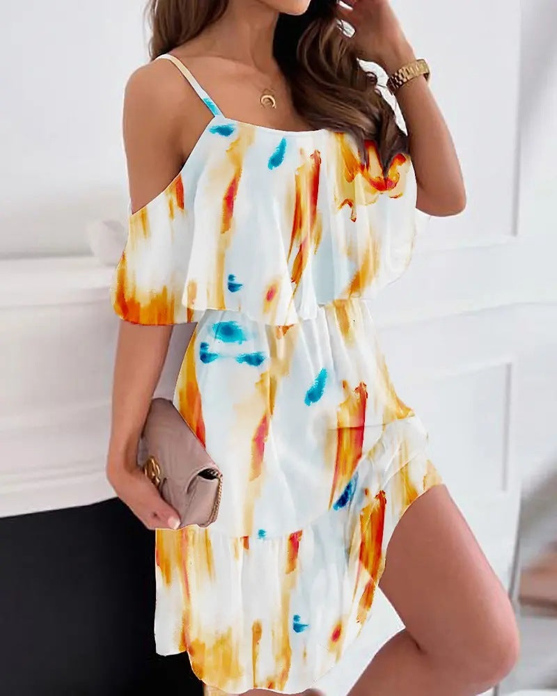 Chiffon Printing Off-the-shoulder Strap Dress