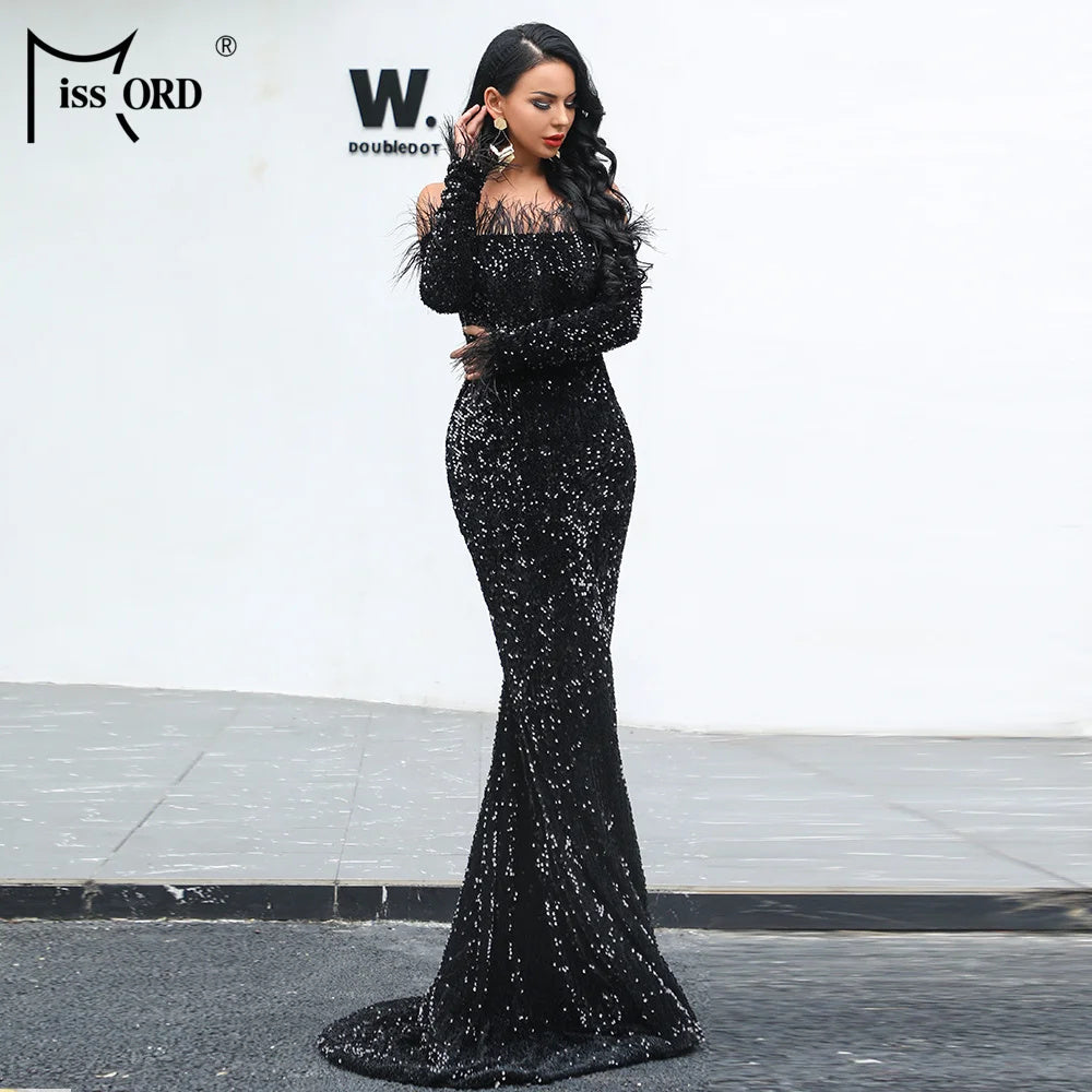 Women Sexy Off-Shoulder Long Sleeve Feather Elegant Sequin Maxi Dress