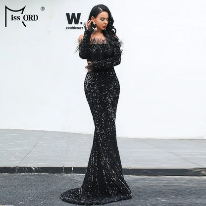 Women Sexy Off-Shoulder Long Sleeve Feather Elegant Sequin Maxi Dress