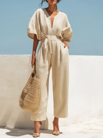 Fashionable V-Neck Cotton-Linen Jumpsuit for Women