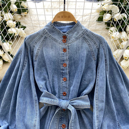 Retro Lace-up Waist-controlled Stand-up Collar Puff Sleeve Denim Top