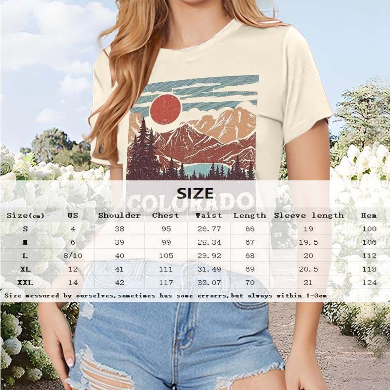 Women's Round Neck Short Sleeve T-Shirt - Sun Over Mountains & 'COLORADO' Print, Casual Summer Tee