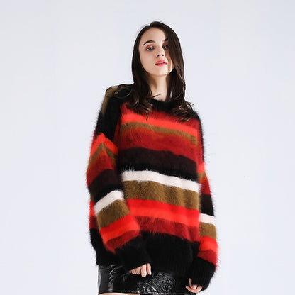 Round Neck Loose Color-Block Sweater with Scarf