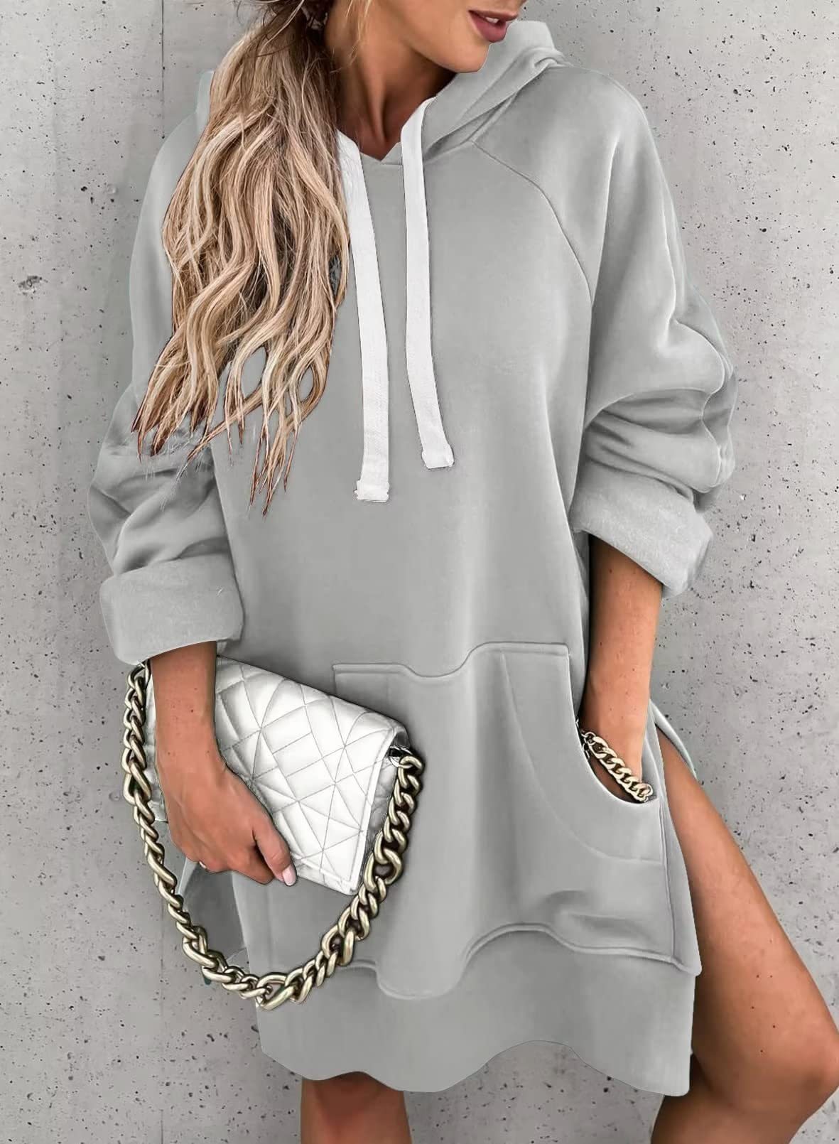 Women's Hooded Sweatshirt With Pockets Fashion Casual Split Mid-length Sweater Drawstring Tops