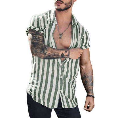 Lapel Striped Cardigan Linen Short Sleeve Shirt For Men