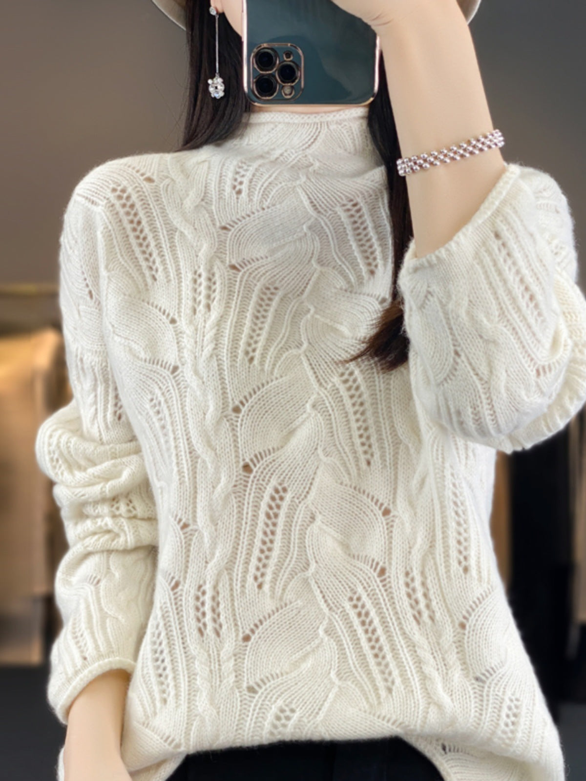 Women’s Half High Collar Wool Pullover Sweater – Autumn &amp; Winter Hollow Knit Design