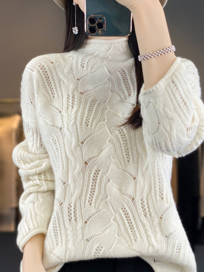 Women’s Half High Collar Wool Pullover Sweater – Autumn &amp; Winter Hollow Knit Design