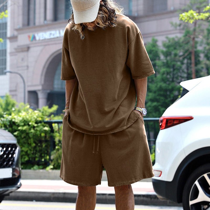 2pcs Loose Sports Suits Summer Round Neck Short - sleeved T-shirt And Drawstring Pockets Shorts Casual Solid Color Set Mens Clothing - myetyn