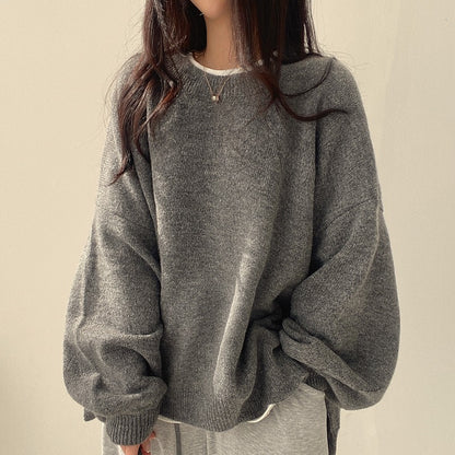 Crewneck Lantern Sleeve Oversized Wool Sweater for Women