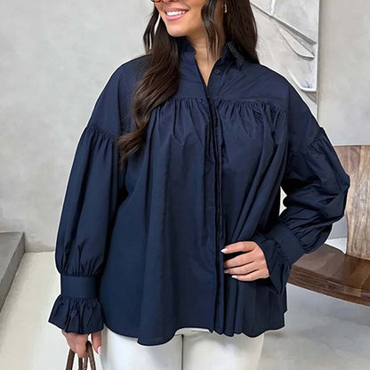 Women's Pleated Lapel Splicing Solid Color Blouse