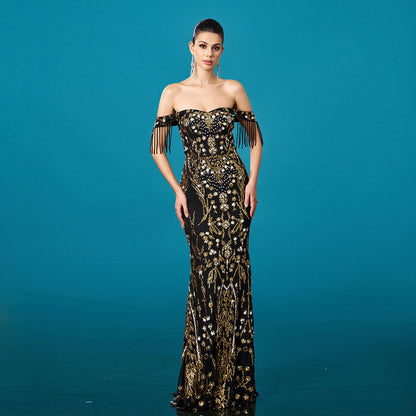 Off-Shoulder Tassel Sequin Fishtail Evening Dress