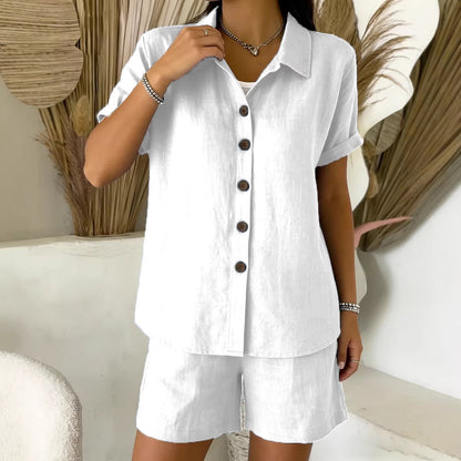 Casual Cotton-Linen Button-Up Shirt & Shorts Set – Breathable Summer Co-Ord for Women