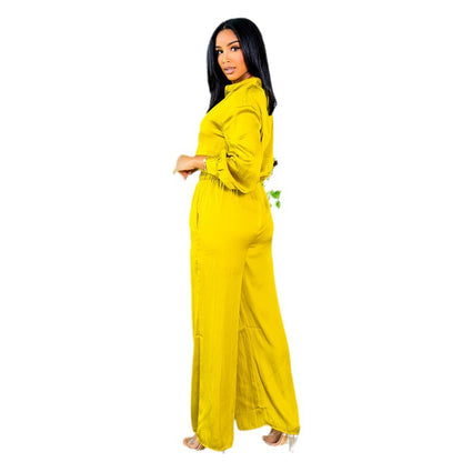 Women’s Elegant Two-Piece Set – Long Sleeve Shirt & Wide-Leg Trousers (Solid Color)