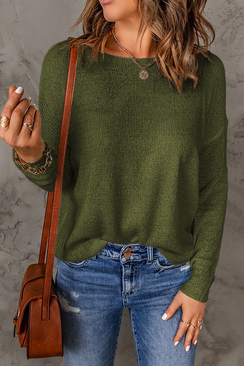 Casual Solid Round Neck Pullover Sweater Fashion Loose Long Sleeve Top Womens Clothing