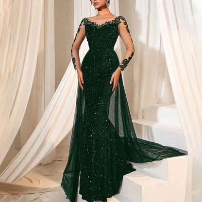 Women’s Lace Party Evening Dress – Long Sleeve Mid-Waist Maxi Gown
