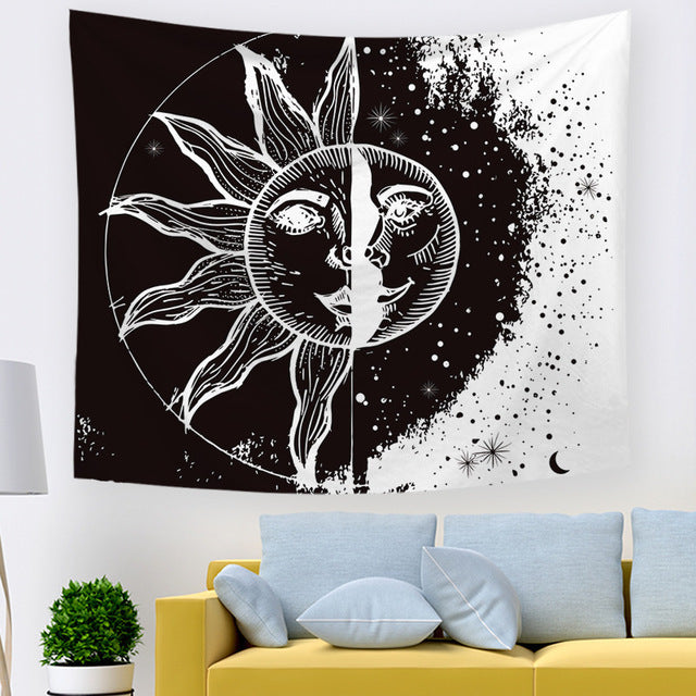 Sun And Moon Tapestry Black And White Burning Sun With Stars Tapestry Psychedelic Wall Tapestry Indian Tapestry For Room decor