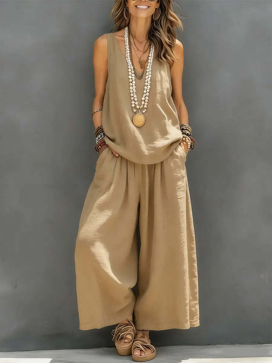 Women’s Cotton Linen Summer Co-Ord Set – Sleeveless Tank & Wide-Leg Pants (Breathable Casual Outfit)