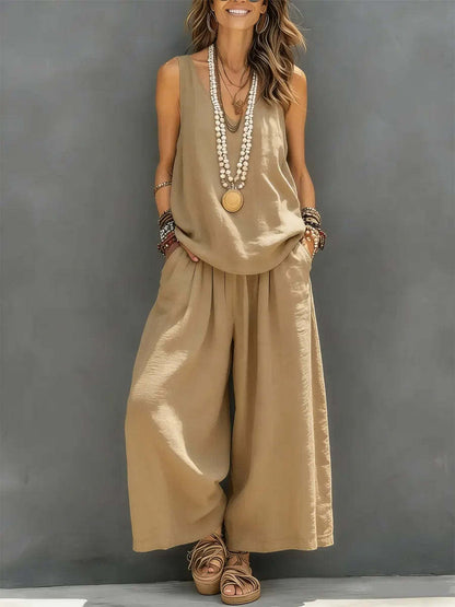 Women’s Cotton Linen Summer Co-Ord Set – Sleeveless Tank & Wide-Leg Pants (Breathable Casual Outfit)