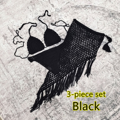 3-piece European And American Handmade Crochet Bikini Beach Skirt Swimsuit Suit