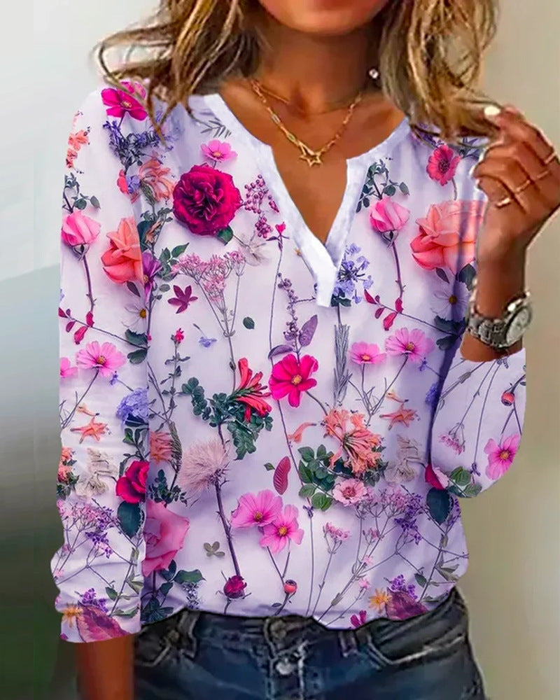 Women's Printed V-neck Long-sleeved T-shirt Top