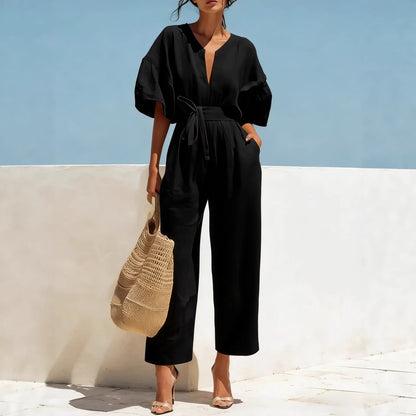 Fashionable V-Neck Cotton-Linen Jumpsuit for Women