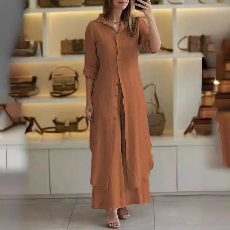 Urban Elegant Cotton And Linen Slim-fit Waist-tight Long Shirt Wide-leg Pants Suit