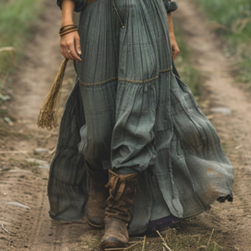 Women's Striped Maxi Dress – Lapel Collar, Button-Front, Long Sleeve A-Line Dress for Camping & Vacation