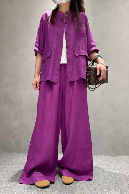 Women's Linen Co-Ord Set | Half Sleeve Shirt & Wide-Leg Pants