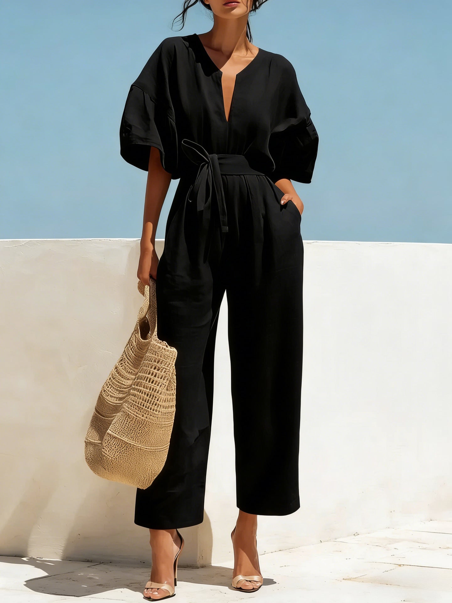 Fashionable V-Neck Cotton-Linen Jumpsuit for Women